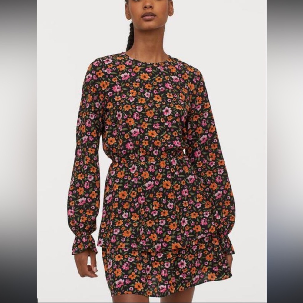 H&M DIVIDED Pink & Orange Floral Black Dress women’s size XS